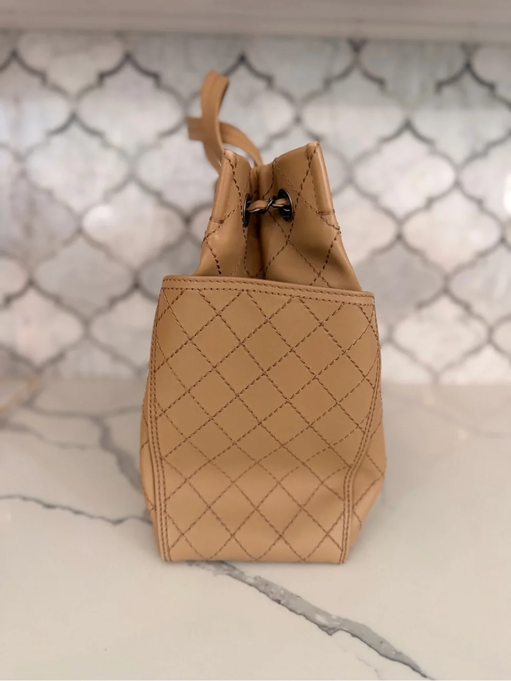 CHANEL Beige Quilted Leather Tote with Chain-Trim CC Charm